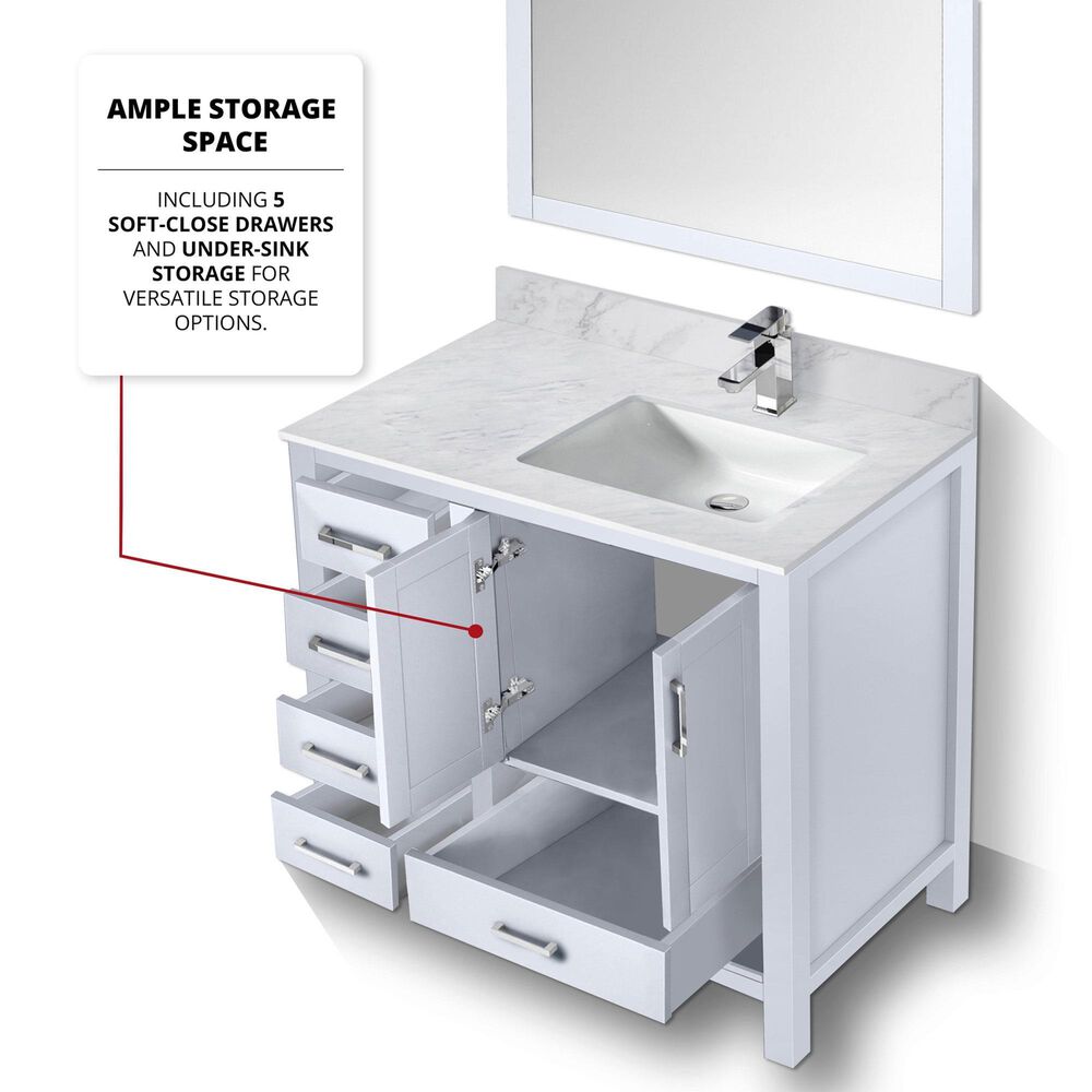 Lexora Home Jacques 36&quot; Right Offset Single Bathroom Vanity in White with 2 cm White Carrara Marble Top and Rectangular Sink, , large