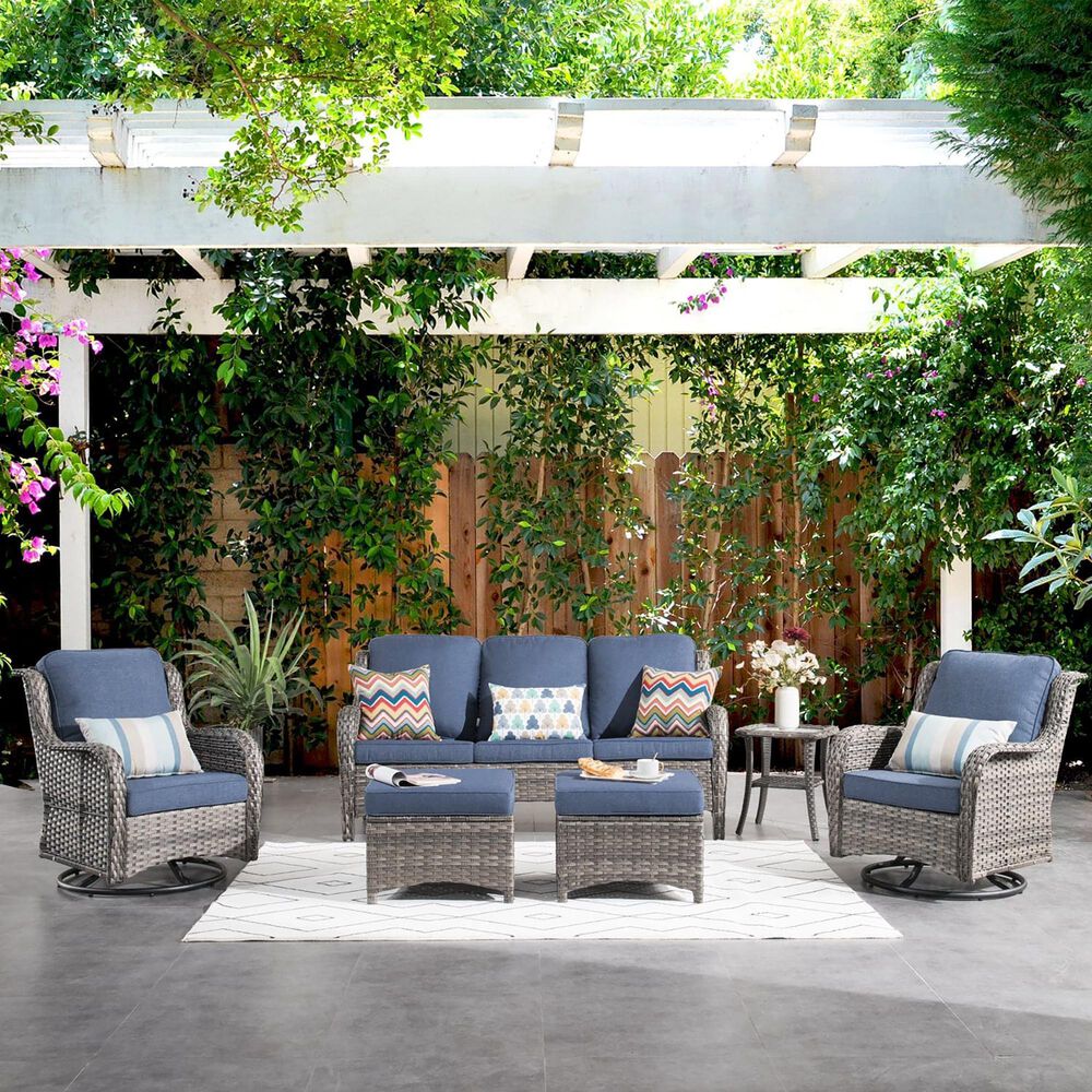 HOMLUX 6-Piece Patio Furniture Set with Swivel Rocking Chairs, High Back Outdoor Wicker Sofa, Grey Rattan in Denim Blue, , large