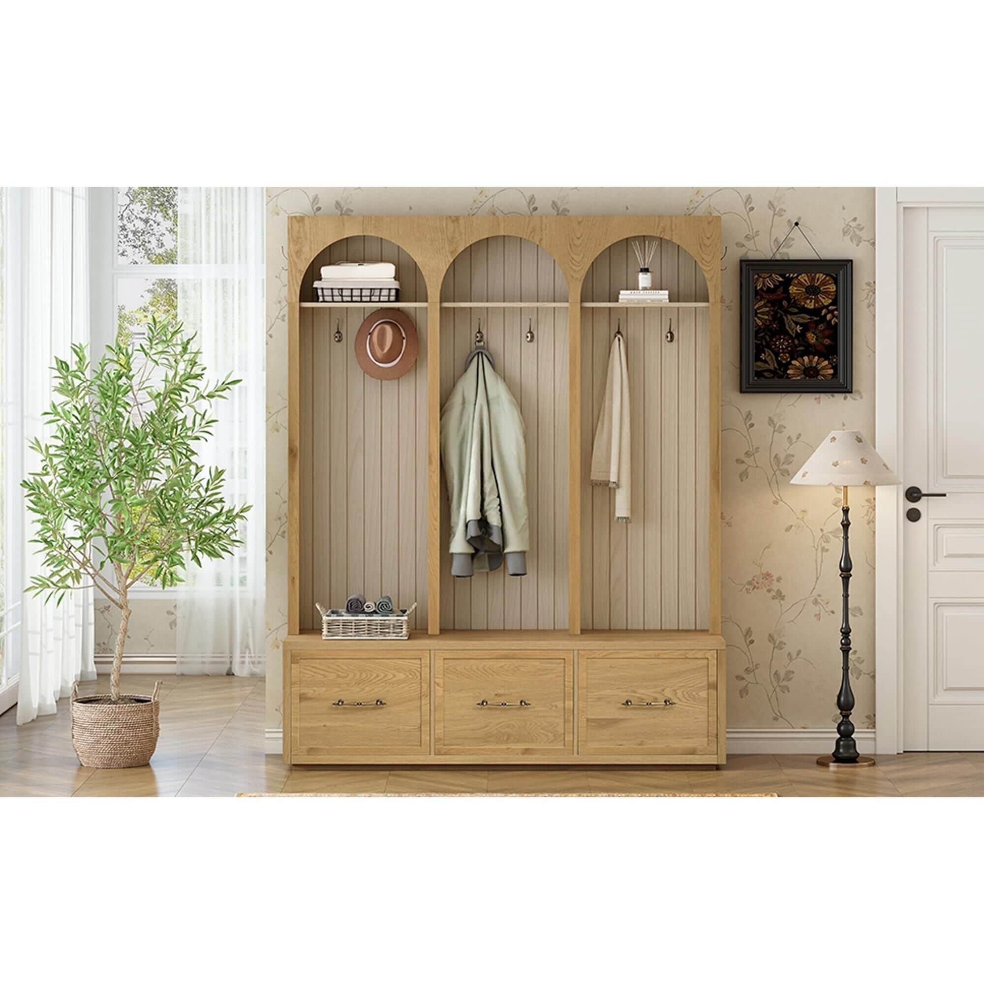 GigaCloud Wooden Hall Tree with Arched Design and Drawers in