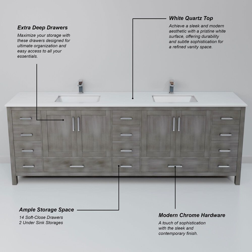 Lexora Home Jacques 84&quot; Double Bathroom Vanity in Distressed Grey with 2 cm White Quartz Top and Rectangular Sinks, , large