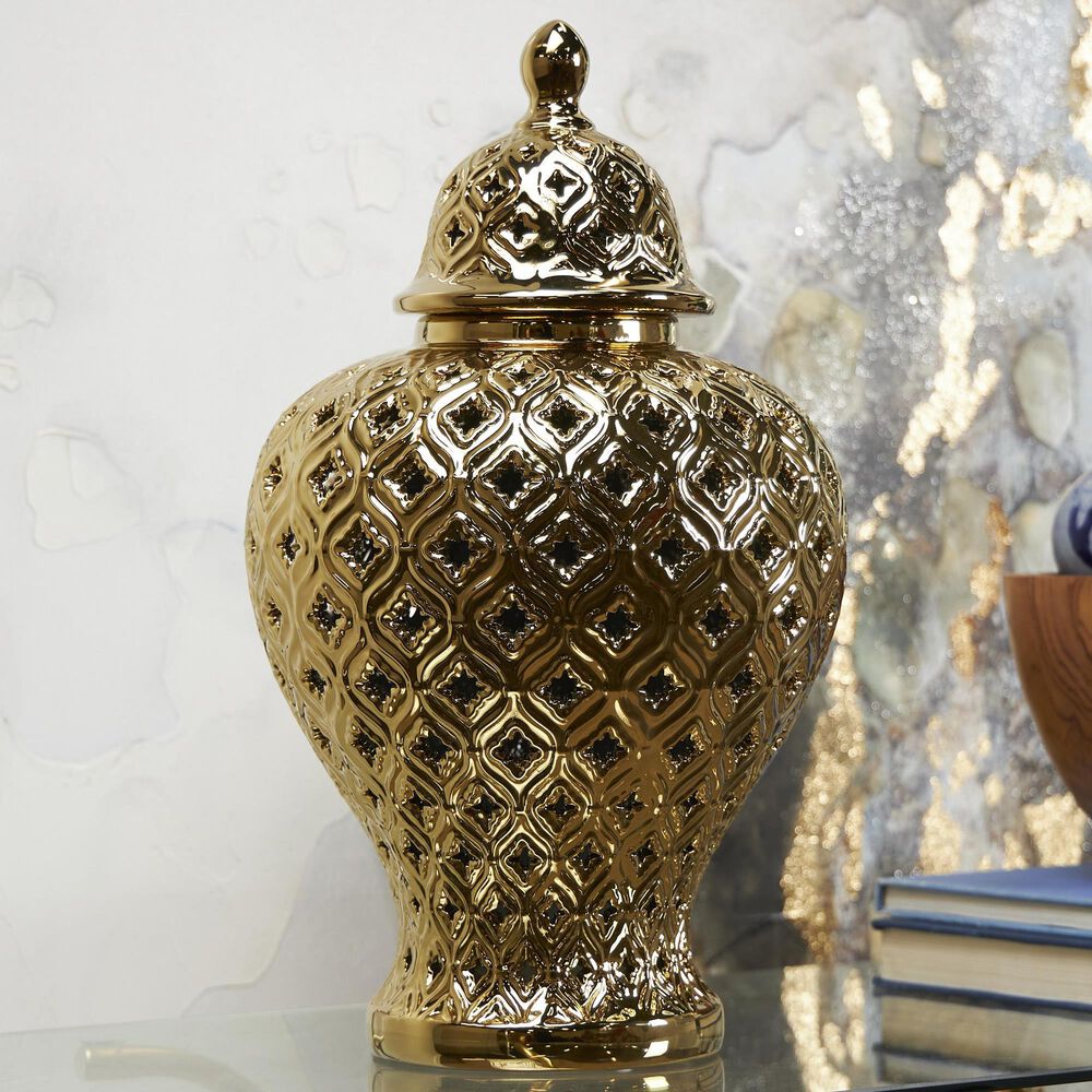 Maple and Jade Jar with Cutout Geometric Design and Lid in Polished Gold, , large
