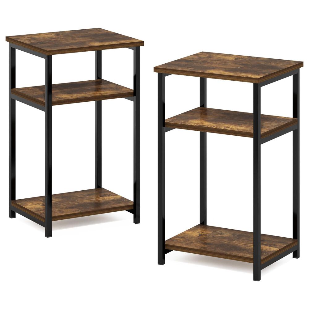HOMLUX 3-Tier Metal Frame End Table with Storage Shelves in Amber Pine and Black (Set of 2), , large