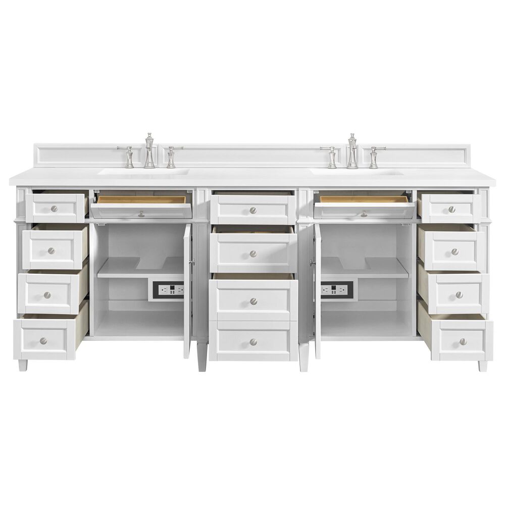 James Martin Brittany 84" Double Bathroom Vanity in Bright White with 3 cm Eternal Jasmine Pearl Top, Rectangular Sinks and FreePower Wireless Charger, , large
