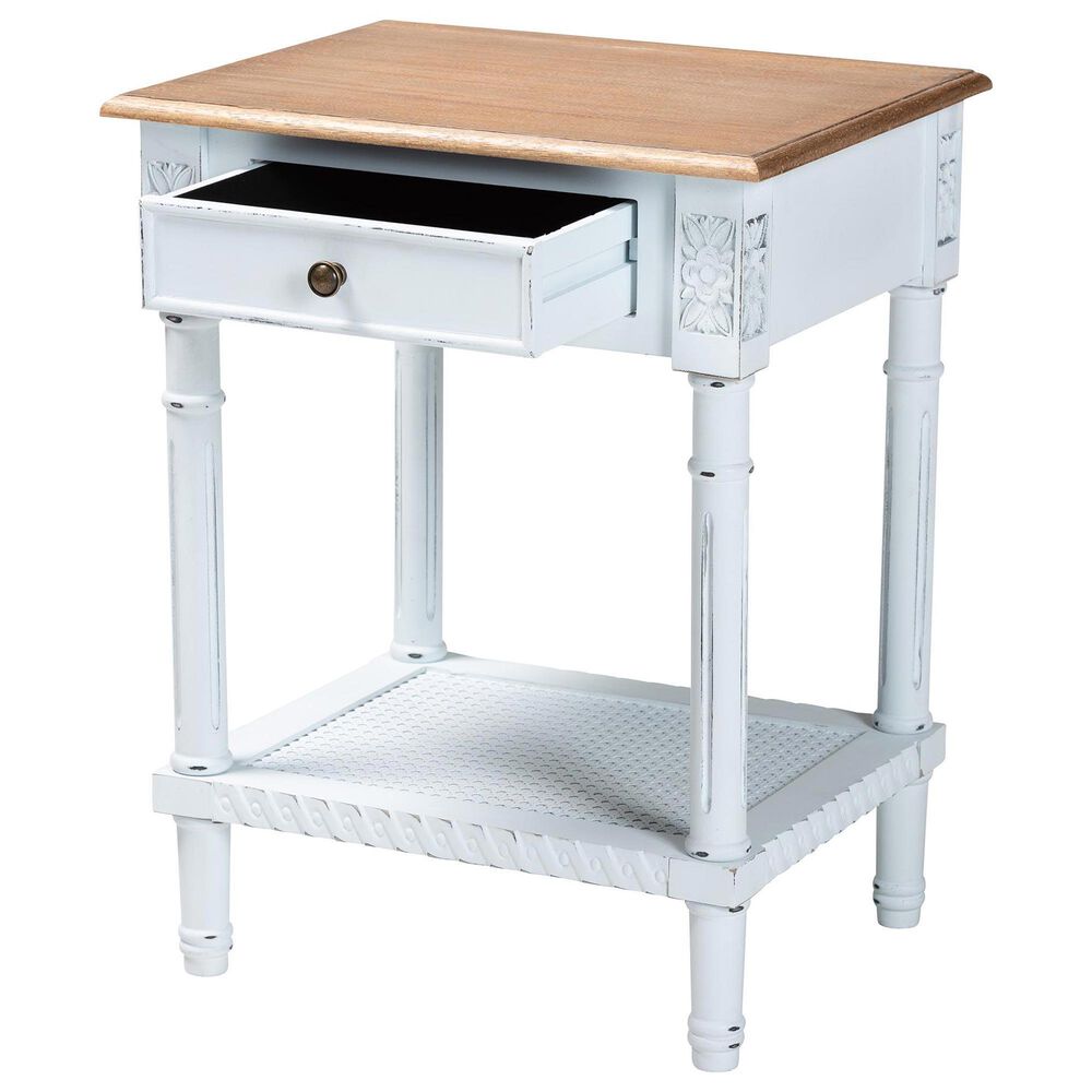 Baxton Studio Legrand 1-Drawer End Table in White and Natural Brown, , large