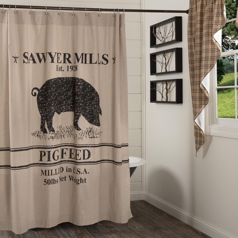 VHC Sawyer Mill Country Shower Curtain in Tan with Pig, , large