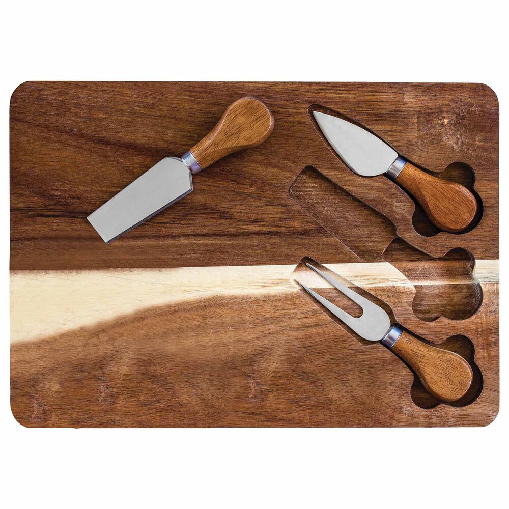 Totally Bamboo 4-Piece Serving Board with Built-In Cheese Tools in Dark Brown, , large