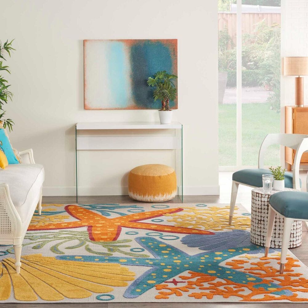 Nourison Aloha 7&#39; x 10&#39; Blue, Yellow and Orange Indoor/Outdoor Area Rug, , large