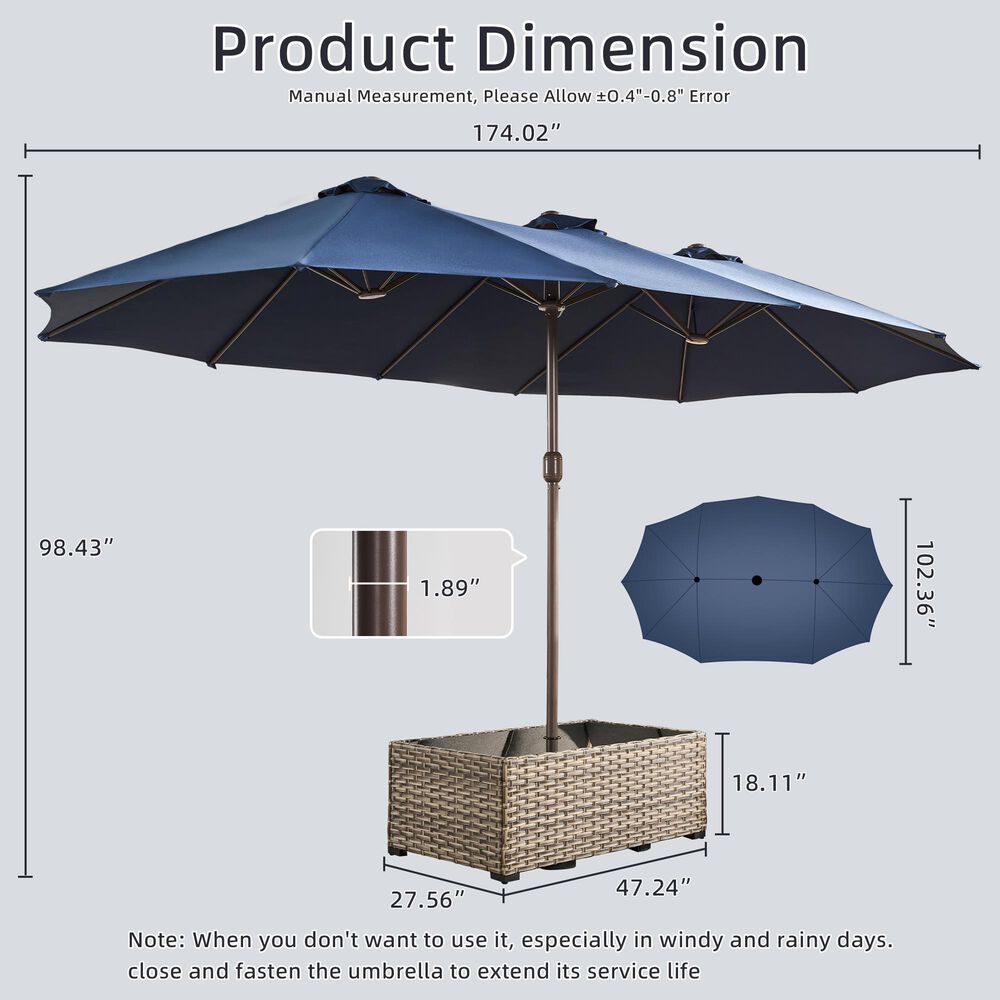 HOMLUX 2-Piece 14.5 ft Patio Umbrella with All-weather Rattan Rectangular Coffee Table Outdoor Set in Dark Blue, , large