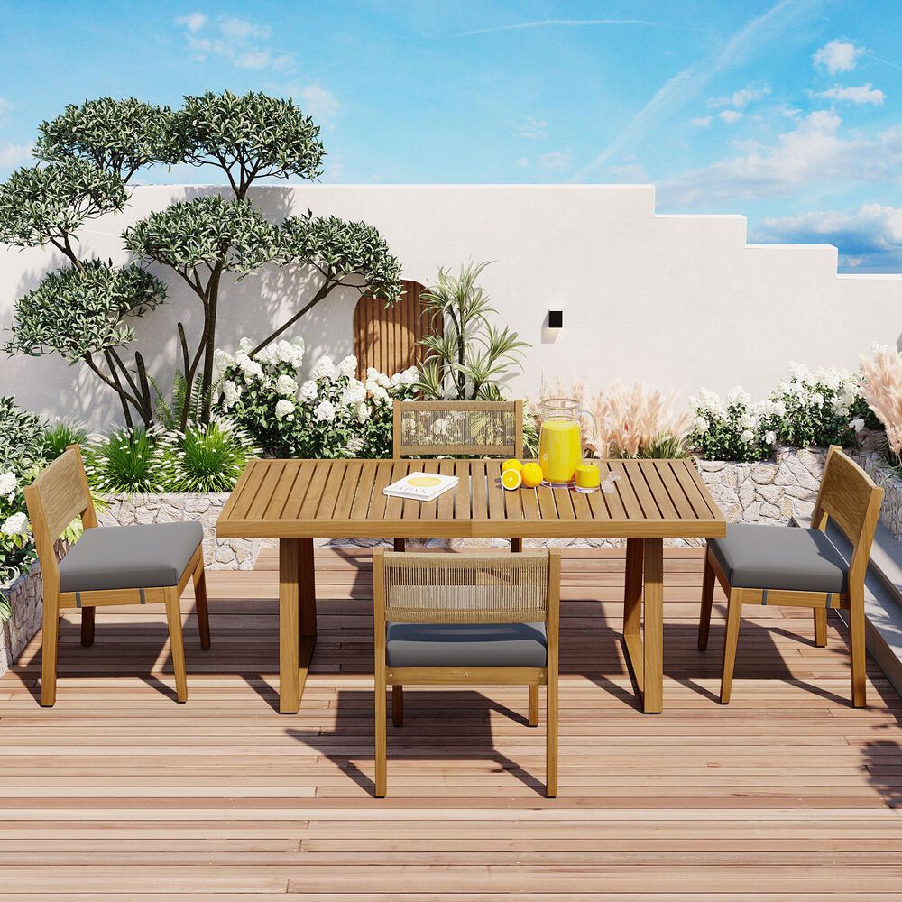 Hearth and Haven 5-Piece Outdoor Wooden Dining Set with U-Leg Table and Cushioned Chairs in Gray, , large