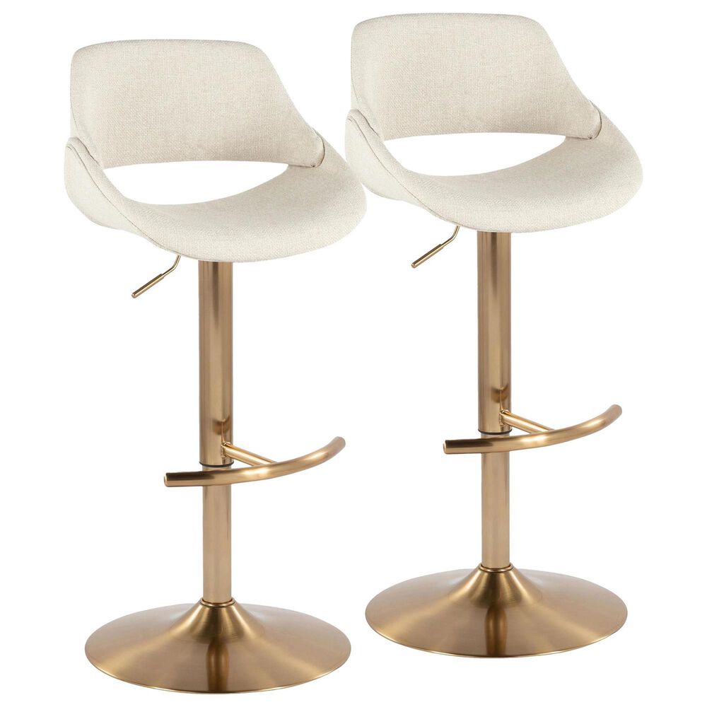 LumiSource Fabrico Swivel Adjustable Bar Stool with Cream Noise Fabric Upholstery and Rounded T Footrest in Gold (Set of 2), , large