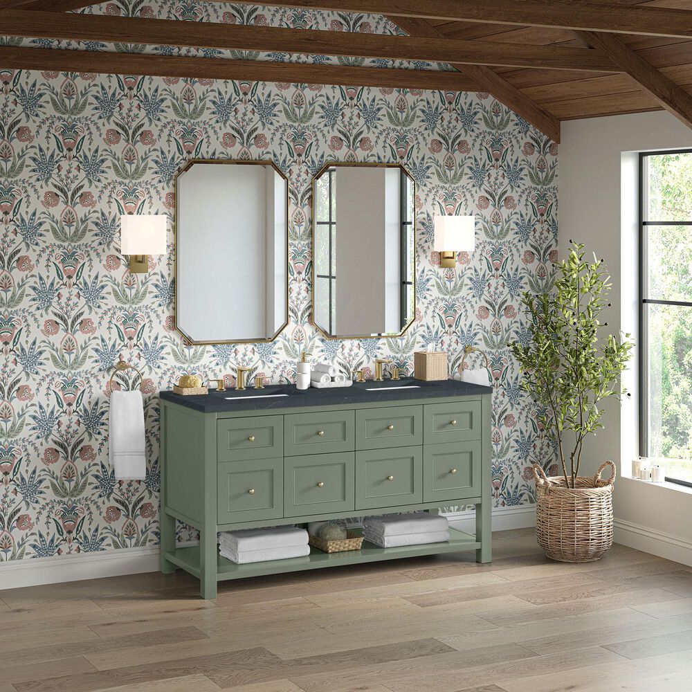 James Martin Vanities Breckenridge 60&quot; Double Bathroom Vanity in Smokey Celadon with 3 cm Charcoal Soapstone Quartz Top and Rectangular Sinks, , large