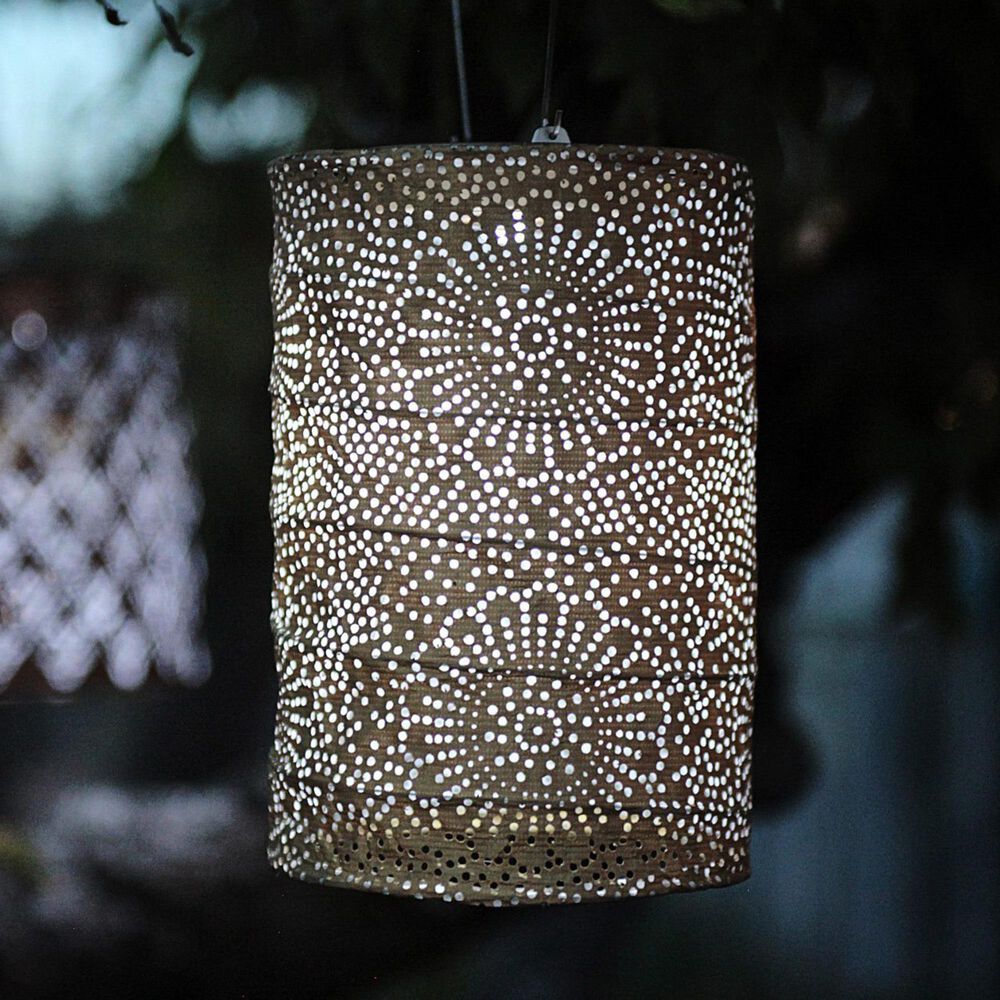 Allsop Soji Stella Cylinder Floral Solar Lantern in Bronze, , large