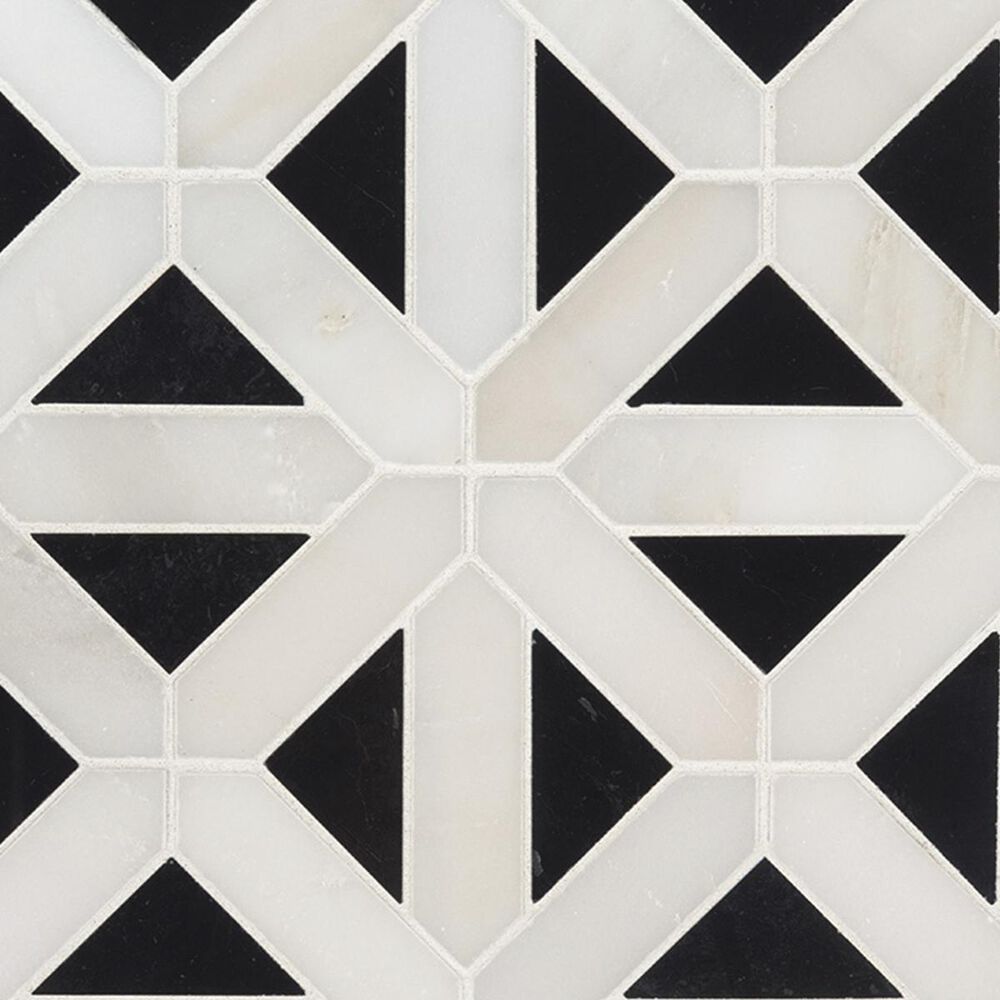 MS International Arabescato Carrara Retro Fretwork White and Black 12" x 12" Natural Stone Tile, , large