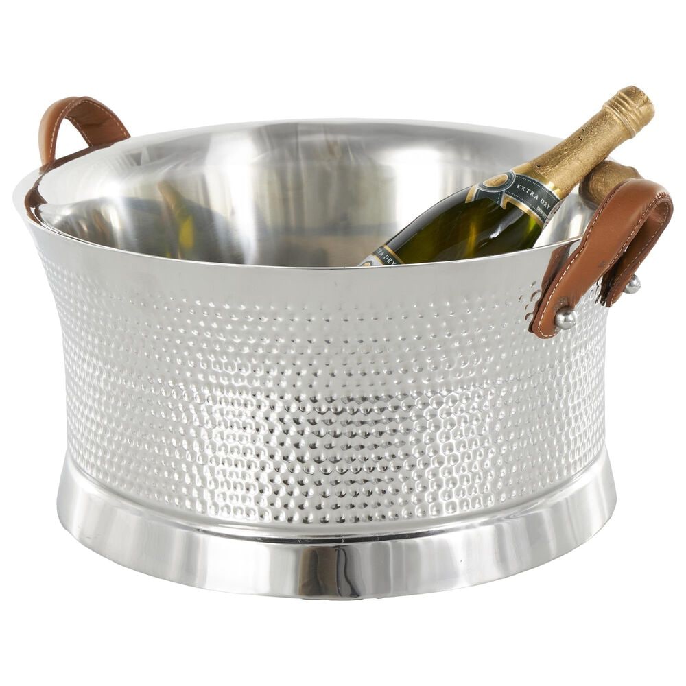 Maple and Jade Decorative Ice Bucket with Brown Leather Handle in Silver Stainless Steel, , large