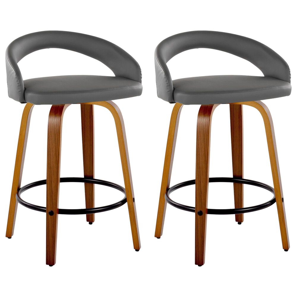 LumiSource Grotto Swivel Counter Stool with Grey Faux Leather Upholstery in Walnut Wood and Black (Set of 2), , large