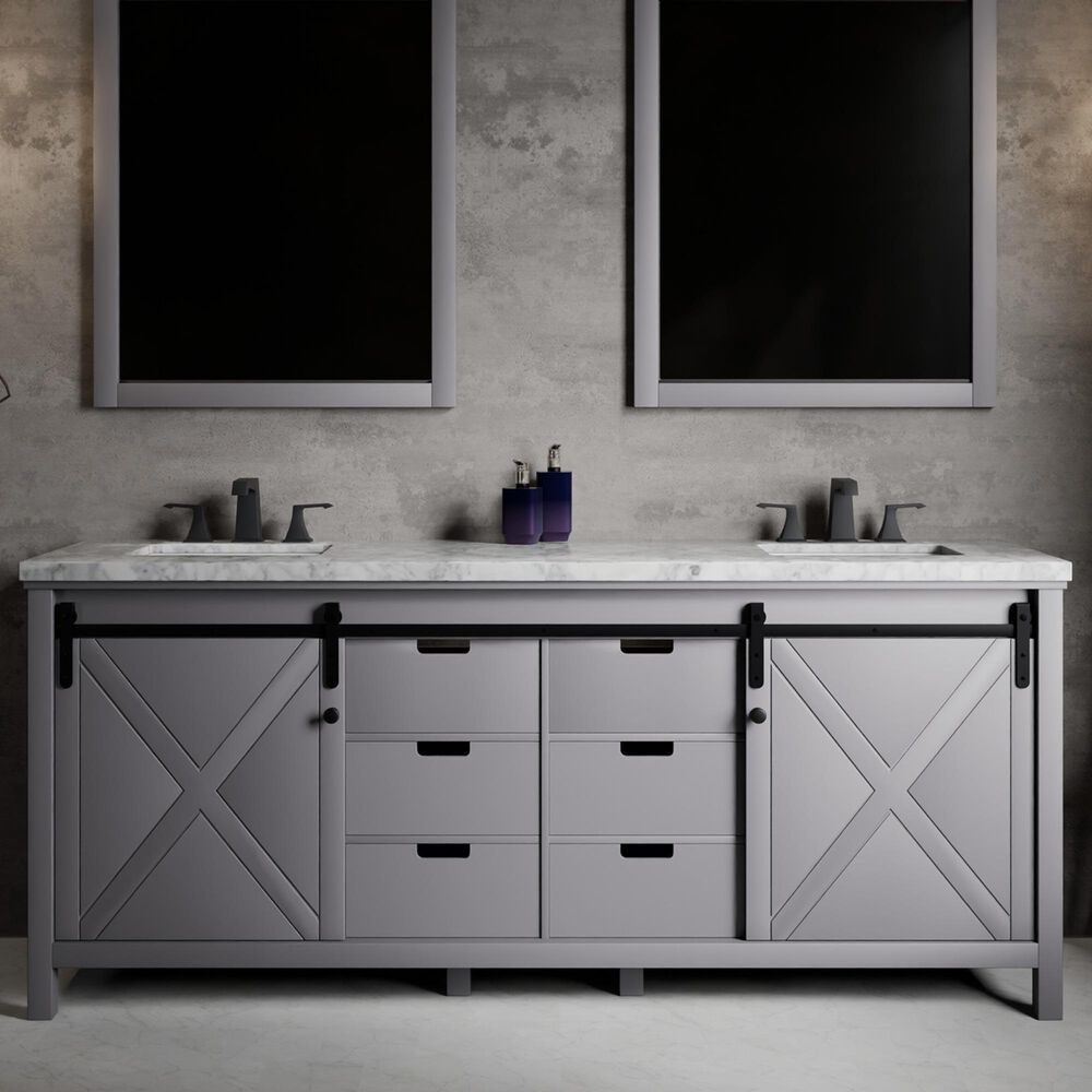 Lexora Home Marsyas 80&quot; Double Bathroom Vanity in Dark Grey with White Carrara Marble Top and Rectangular Sinks, , large
