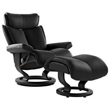 Stressless Magic Medium Chair and Ottoman in Paloma Black, , large
