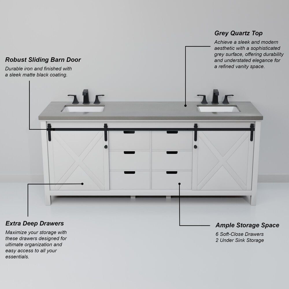 Lexora Home Marsyas 80&quot; Double Bathroom Vanity in White with Grey Quartz Top and Rectangular Sinks, , large