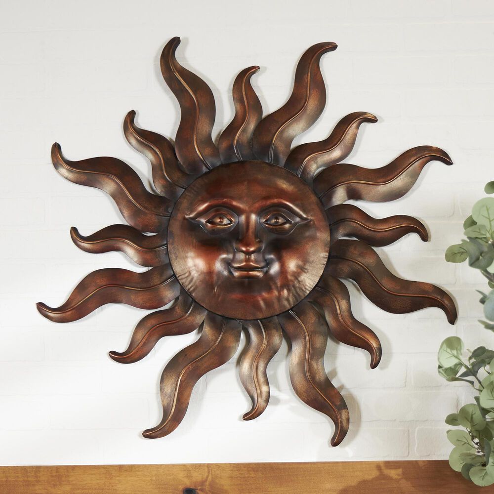 Maple and Jade 35&quot; x 32&quot; Sun Wall Decor with Smiling Face and Curved Rays in Bronze, , large