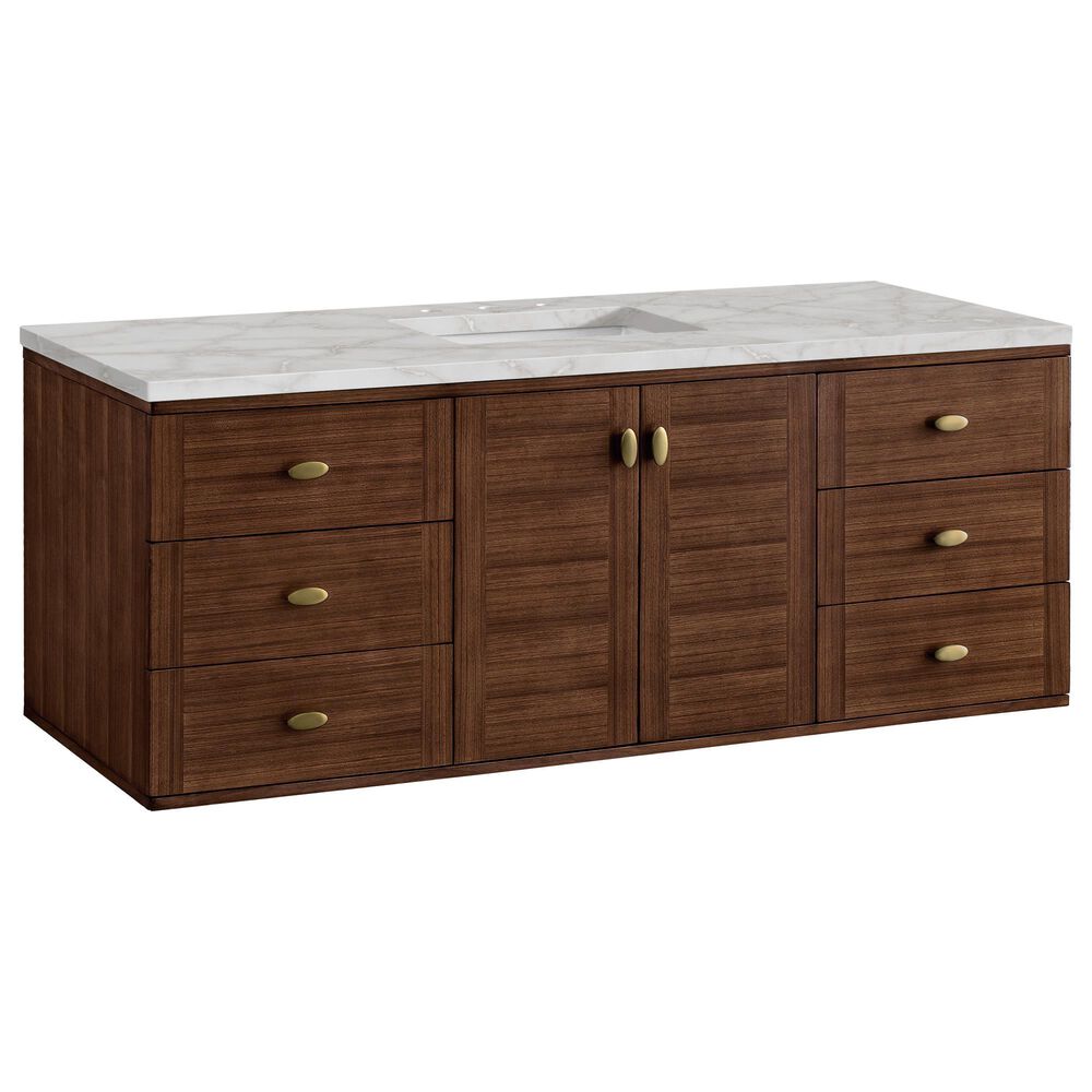James Martin Vanities Amberly 60" Single Bathroom Vanity in Mid-Century Walnut with 3 cm Eternal Jasmine Pearl Silestone Top, Rectangular Sink and FreePower Wireless Charger, , large