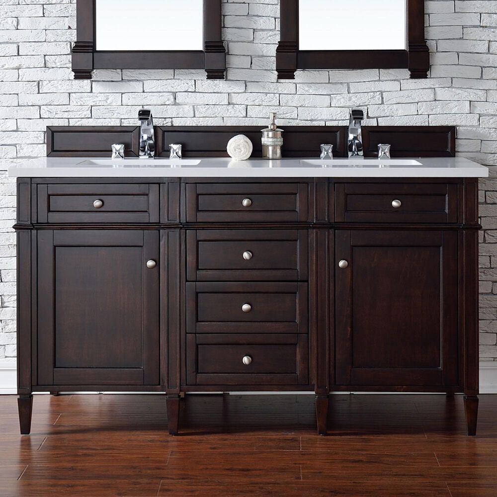 James Martin Vanities Brittany 60&quot; Double Bathroom Vanity in Burnished Mahogany with 3 cm White Zeus Quartz Top and Rectangular Sinks, , large