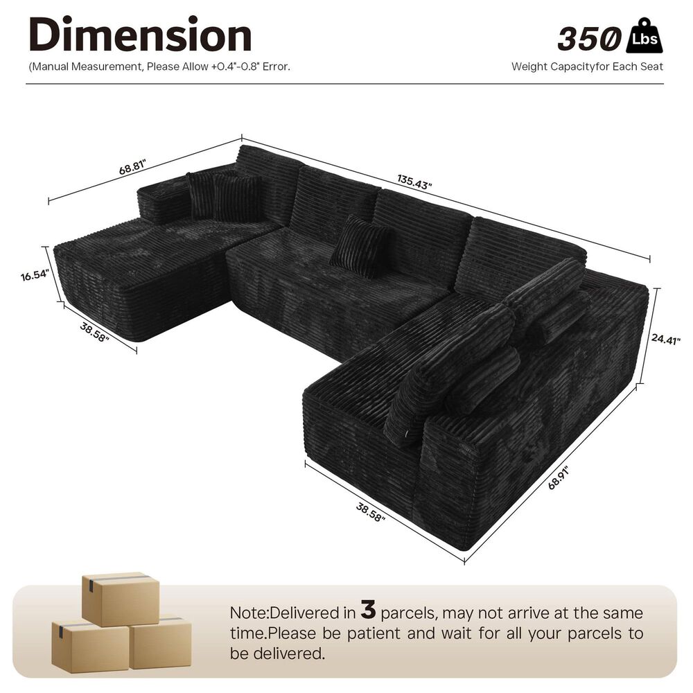 Noviland HOMLUX Modular Floor Sofa with Plush Corduroy, U-Shaped Sectional Cloud Couch with Chaise in Black, , large