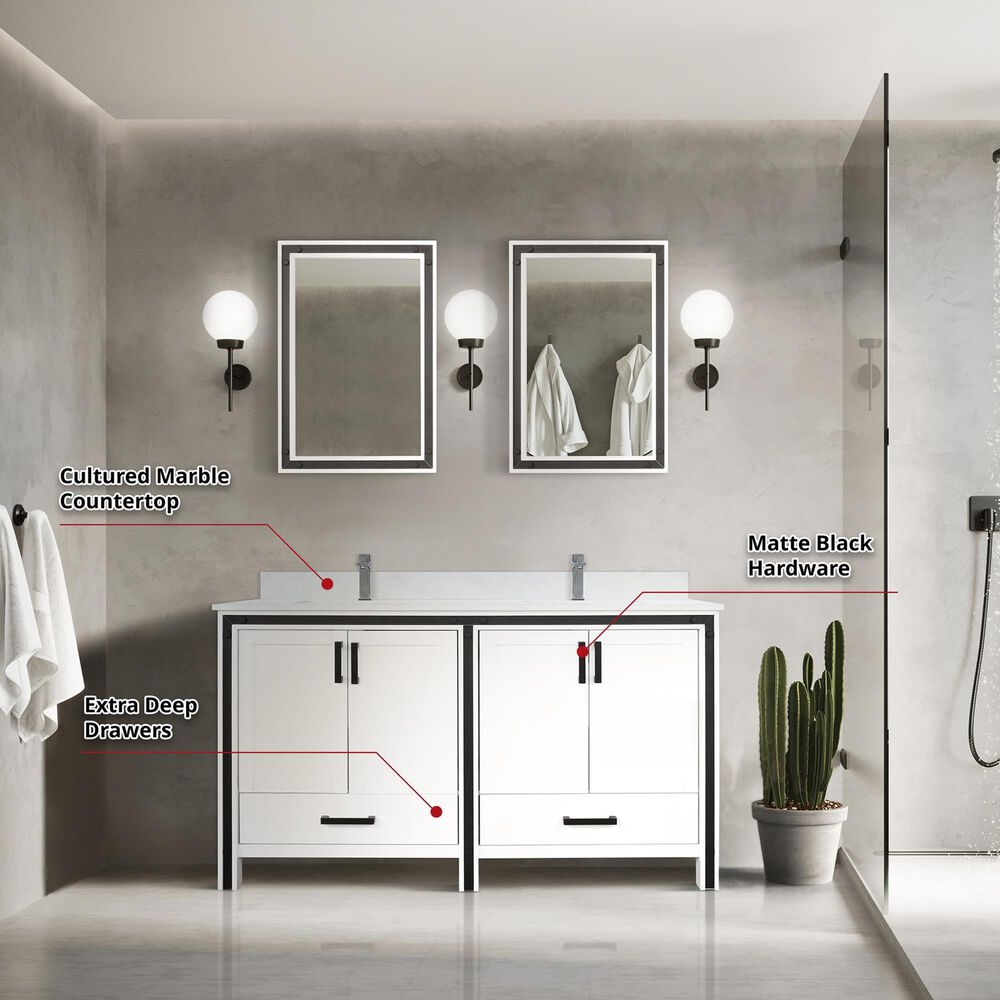 Lexora Home Ziva 60&quot; Double Bathroom Vanity in White with 2 cm White Quartz Top and Rectangular Sinks, , large