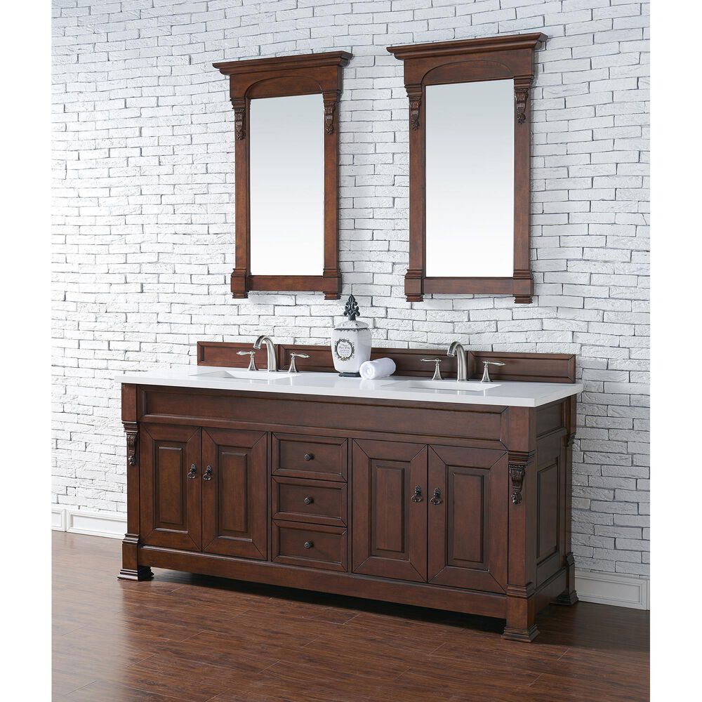 James Martin Vanities Brookfield 72&quot; Double Bathroom Vanity in Warm Cherry with 3 cm White Zeus Quartz Top and Rectangular Sinks, , large