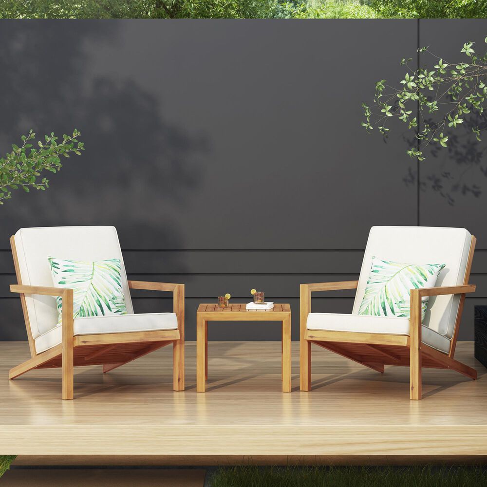 Hearth and Haven Leah 3-Piece Patio Chat Set with Cream Cushion in Teak, , large