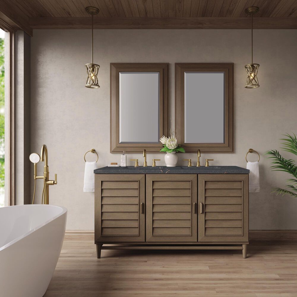 James Martin Vanities Portland 60&quot; Double Bathroom Vanity in Whitewashed Walnut with 3 cm Parisien Bleu Quartz Top and Rectangular Sinks, , large