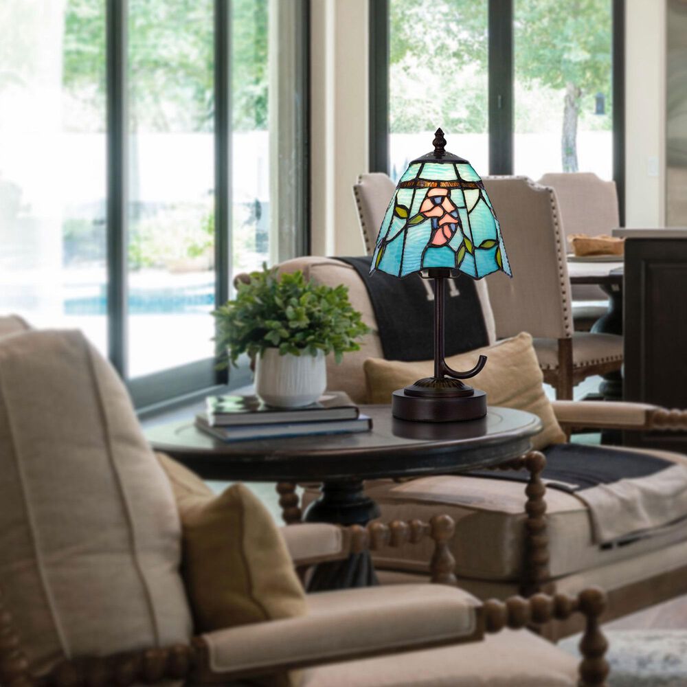 Cal Lighting 13" Tiffany Accent Lamp with Blue Shade in Dark Bronze, , large