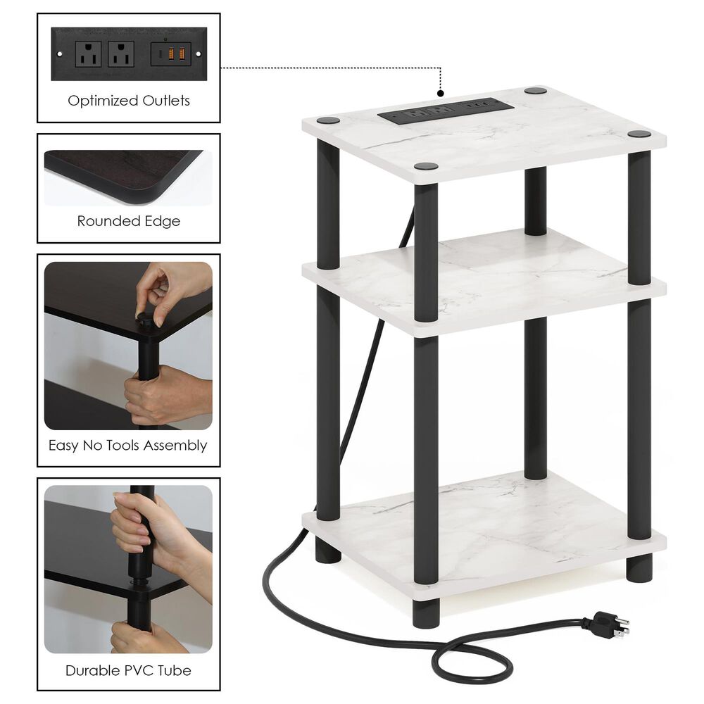 HOMLUX 3-Tier Turn-N-Tube End Table with 2 USB ports in Marble White and Black, , large