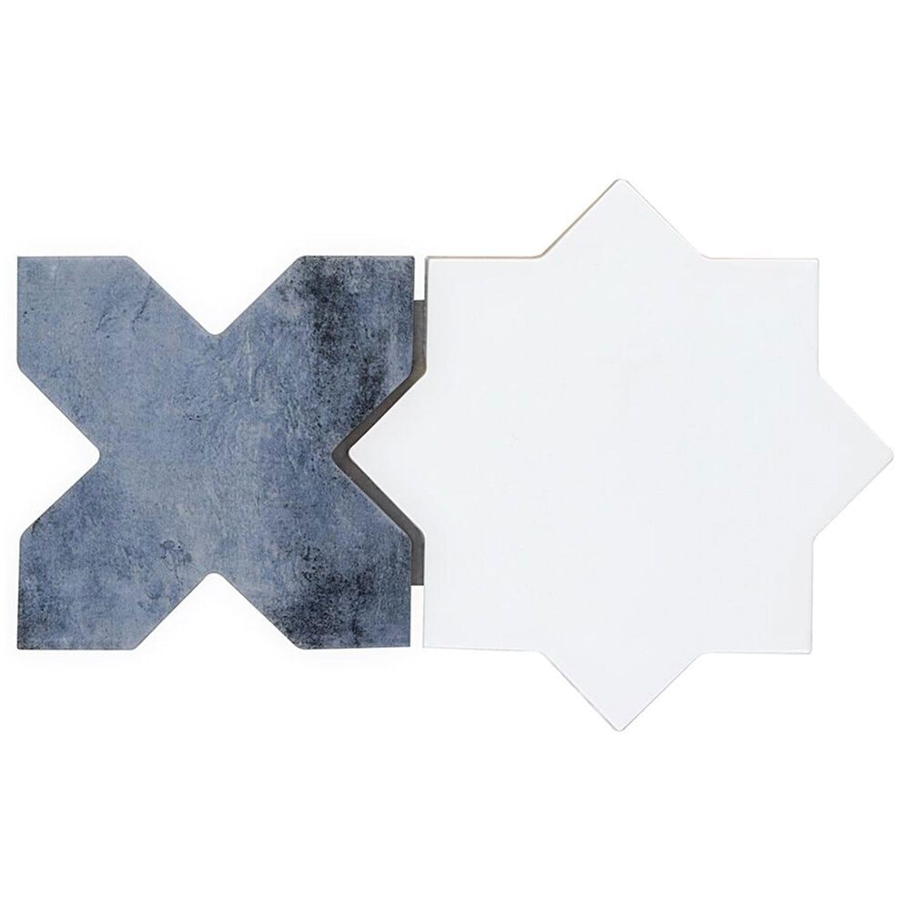 Soho Studio Malta White Star Polished and Denim Blue Cross Matte 6" x 6" Porcelain Tile Kit, , large