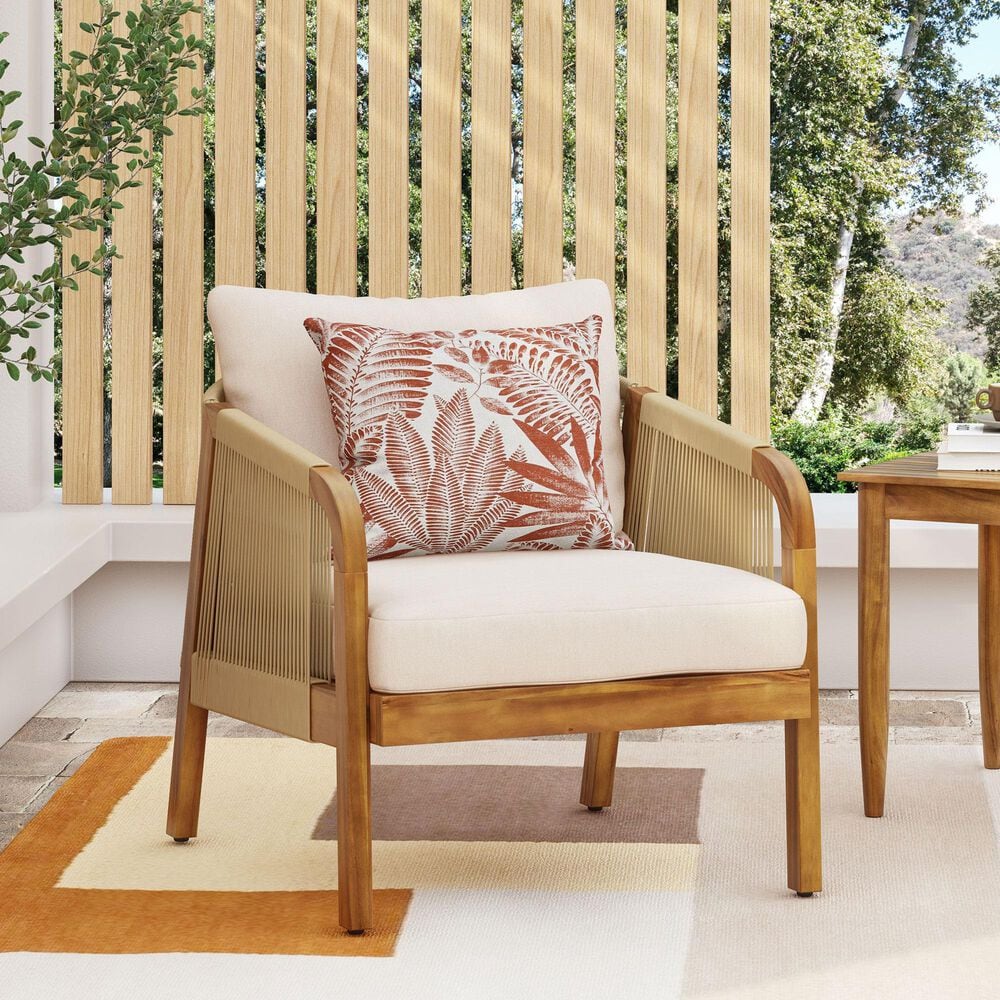 Hearth and Haven Outdoor Deep Seating Club Chair with Beige Cushions and Faux Rattan Accent in Brown, , large