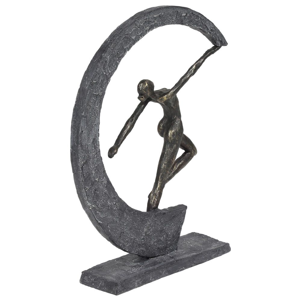 Maple and Jade 15&quot; x 12&quot; Resin Dancer and Crescent Moon Shaped Sculpture in Dark Gray and Gold, , large