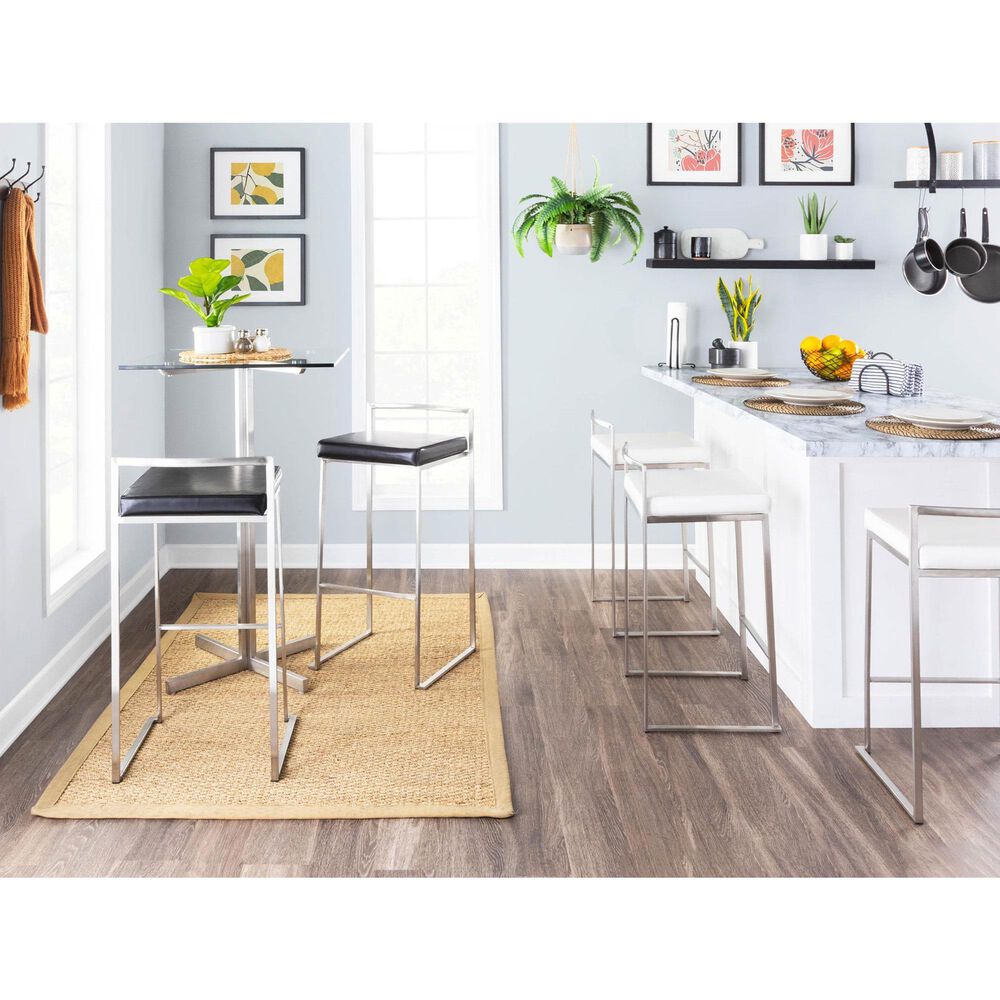 Lumisource Fuji Stackable Barstool with Black Faux Leather in Brushed Stainless Steel &#40;Set of 2&#41;, , large