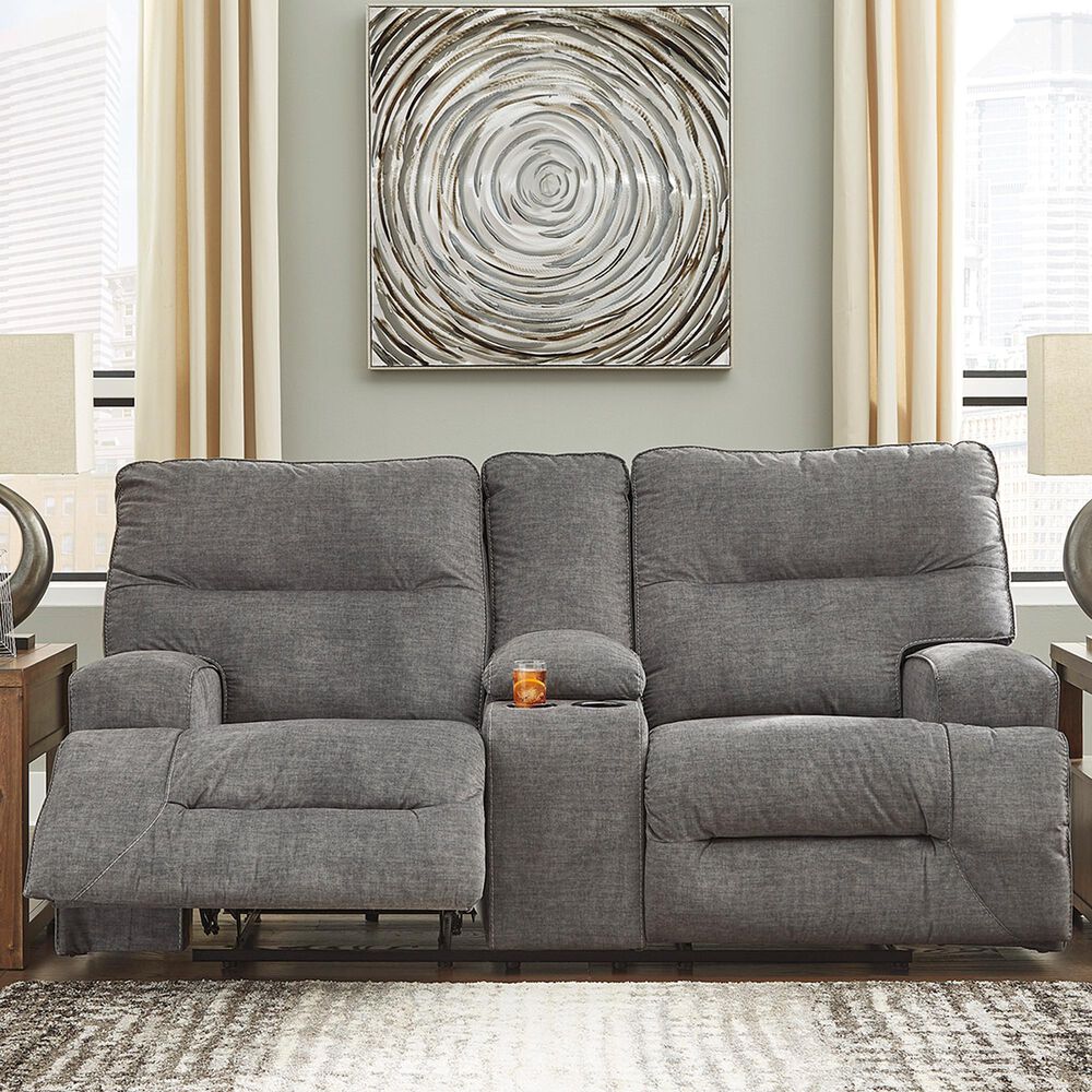 Benchcraft Coombs Double Reclining Loveseat with Console in Charcoal, , large