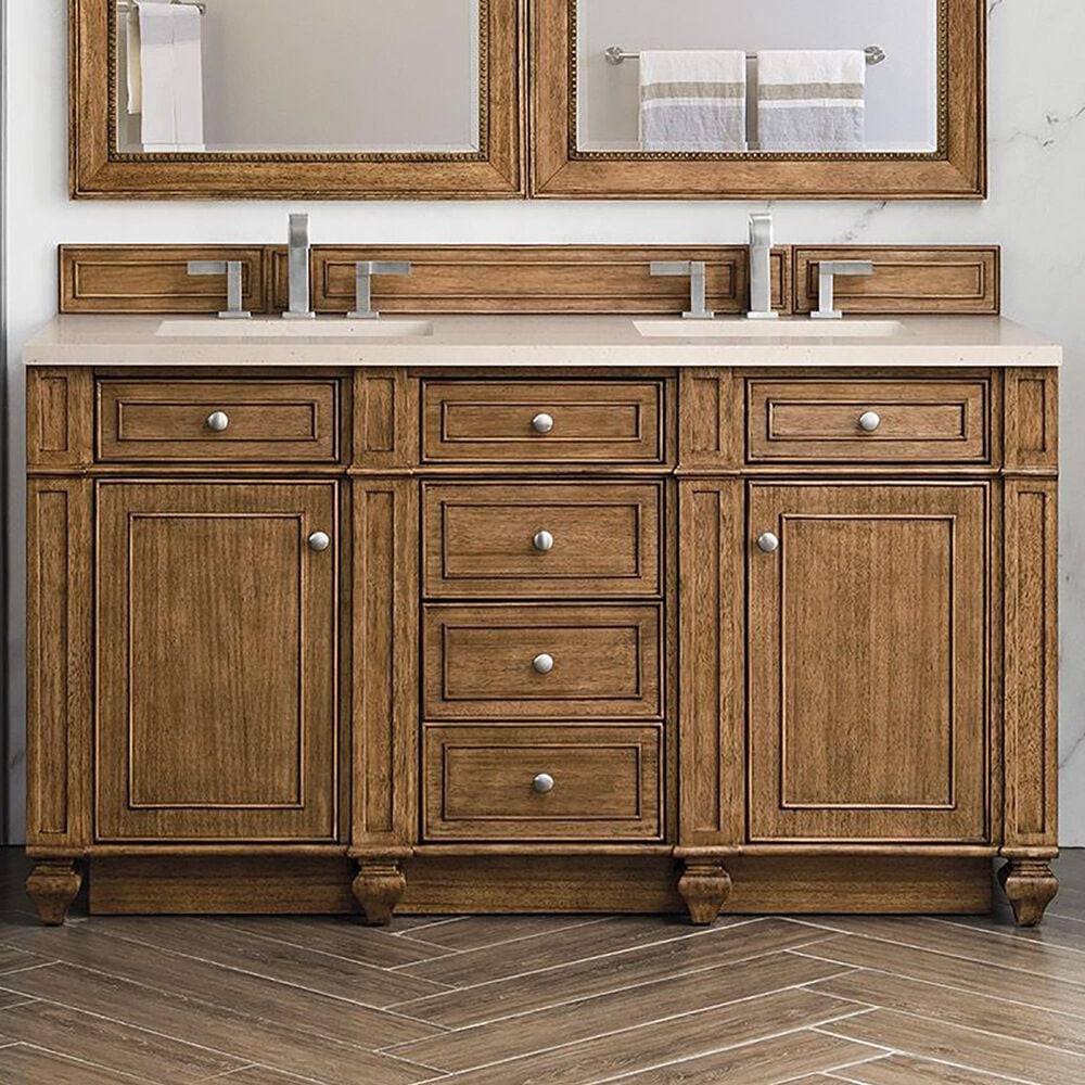 James Martin Vanities Bristol 60&quot; Double Bathroom Vanity in Saddle Brown with 3 cm Eternal Marfil Quartz Top and Rectangular Sinks, , large