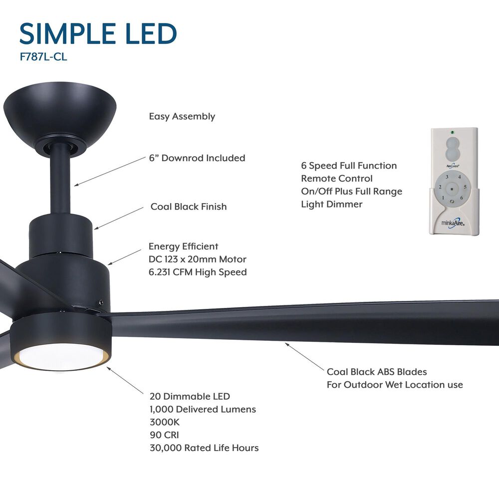 Minka-Aire Simple 52" Indoor/Outdoor Ceiling Fan with LED Light in Coal Black, , large