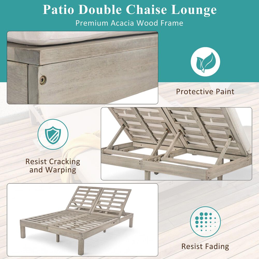 HOMLUX Patio 2-Person Chaise Lounge with Folding Side Tables and Gray Frame in Beige, , large