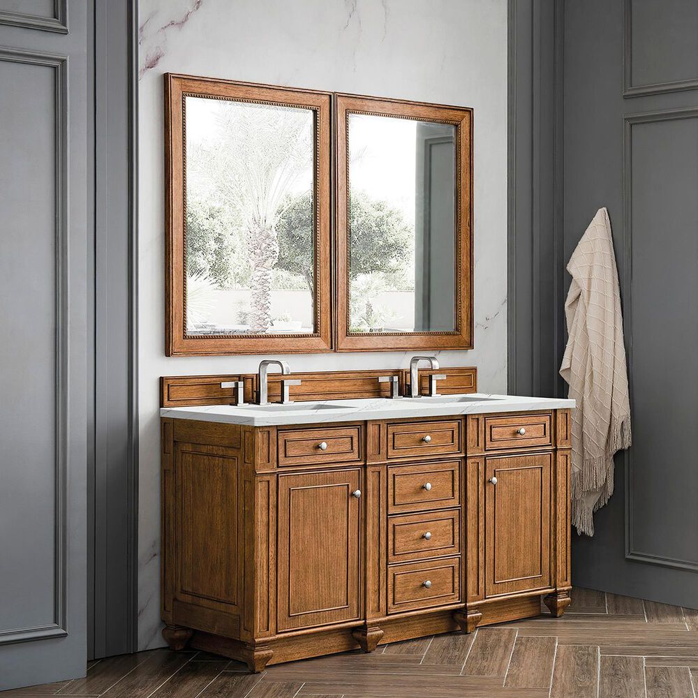 James Martin Vanities Bristol 60&quot; Double Bathroom Vanity in Saddle Brown with 3 cm Ethereal Noctis Quartz Top and Rectangular Sinks, , large