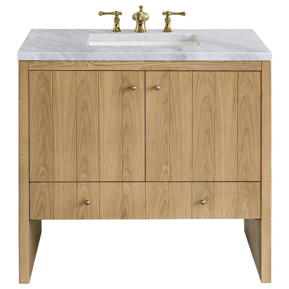 James Martin Vanities Hudson 36" Single Bathroom Vanity in Light Natural Oak with 3 cm Carrara White Marble Top and Rectangular Sink, , large