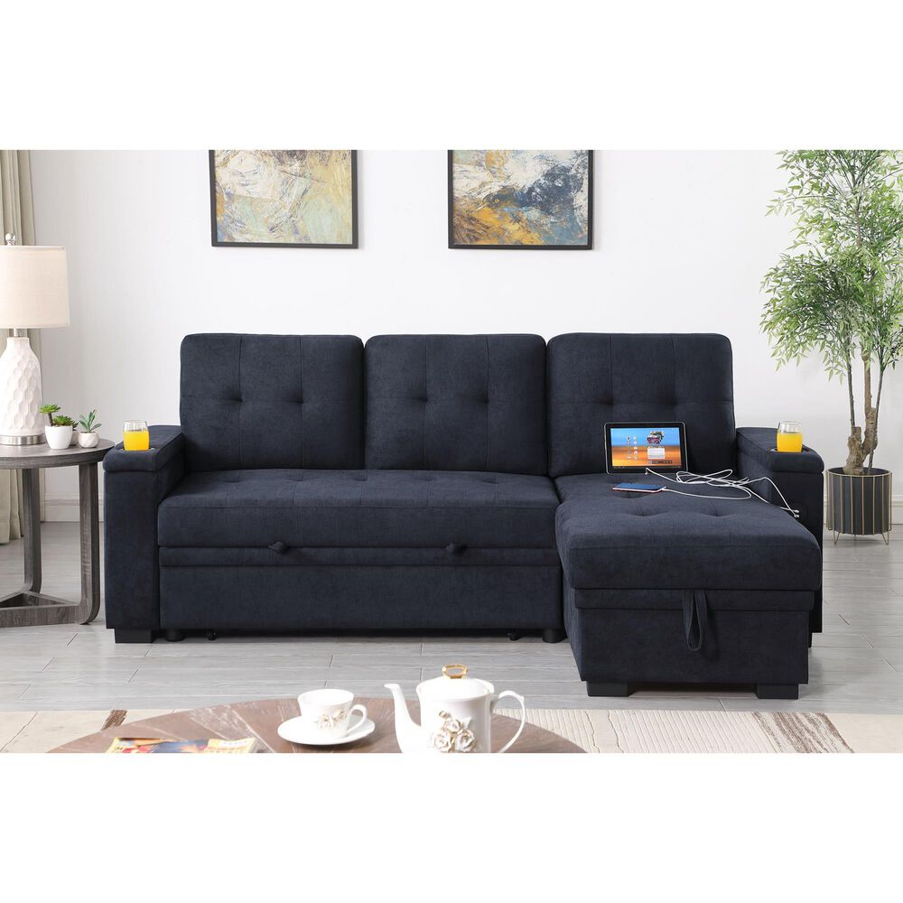 HOMLUX 84"W Reversible Sleeper Sectional Sofa with Storage Chaise, Cup Holders, USB, in Dark Grey, , large