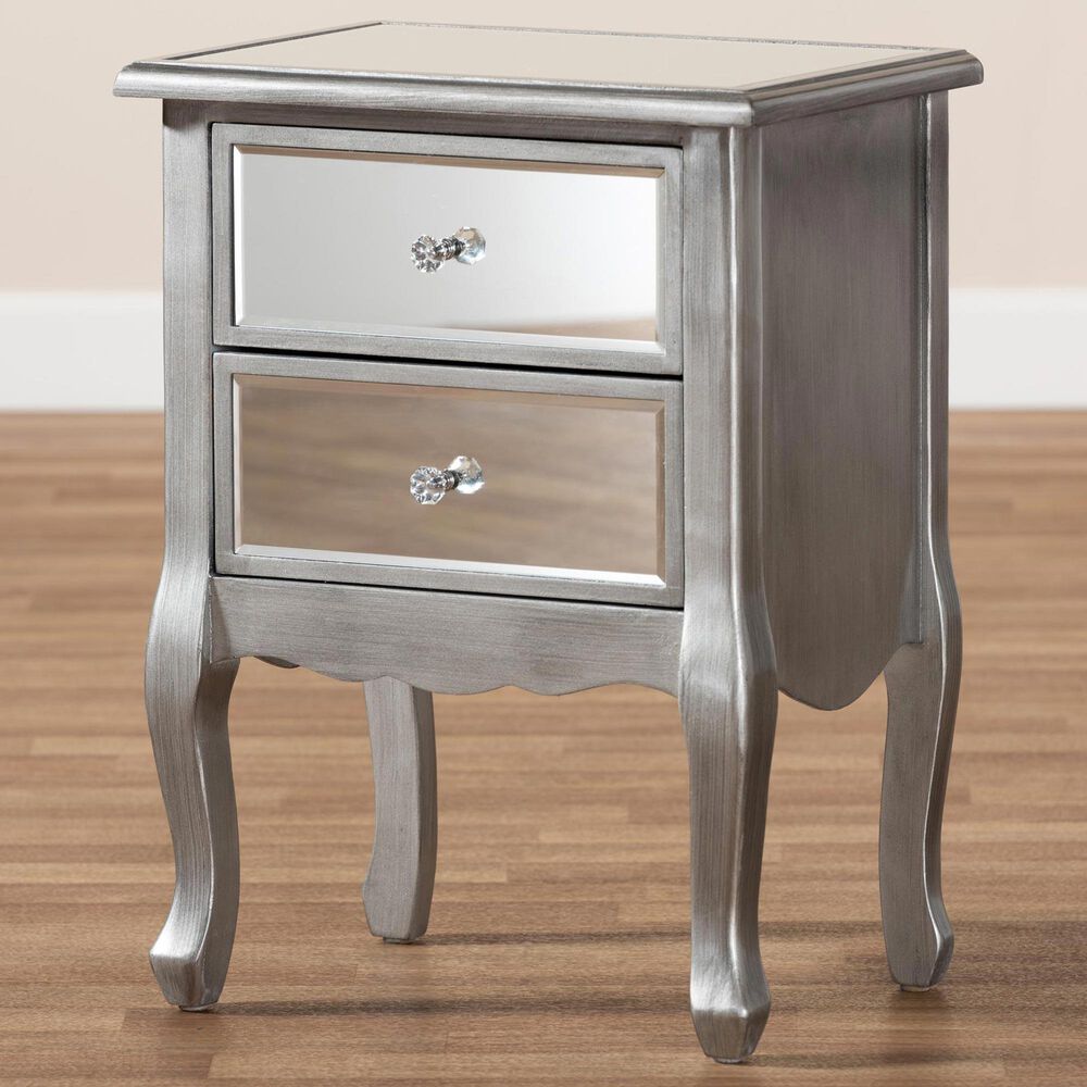 Baxton Studio Leonie 2-Drawer Nightstand in Silver/Mirror, , large