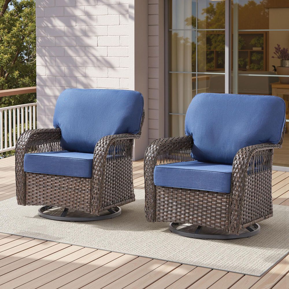 Hearth and Haven Outdoor Swivel Glider Chair with Blue Cushion in Brown (Set of 2), , large