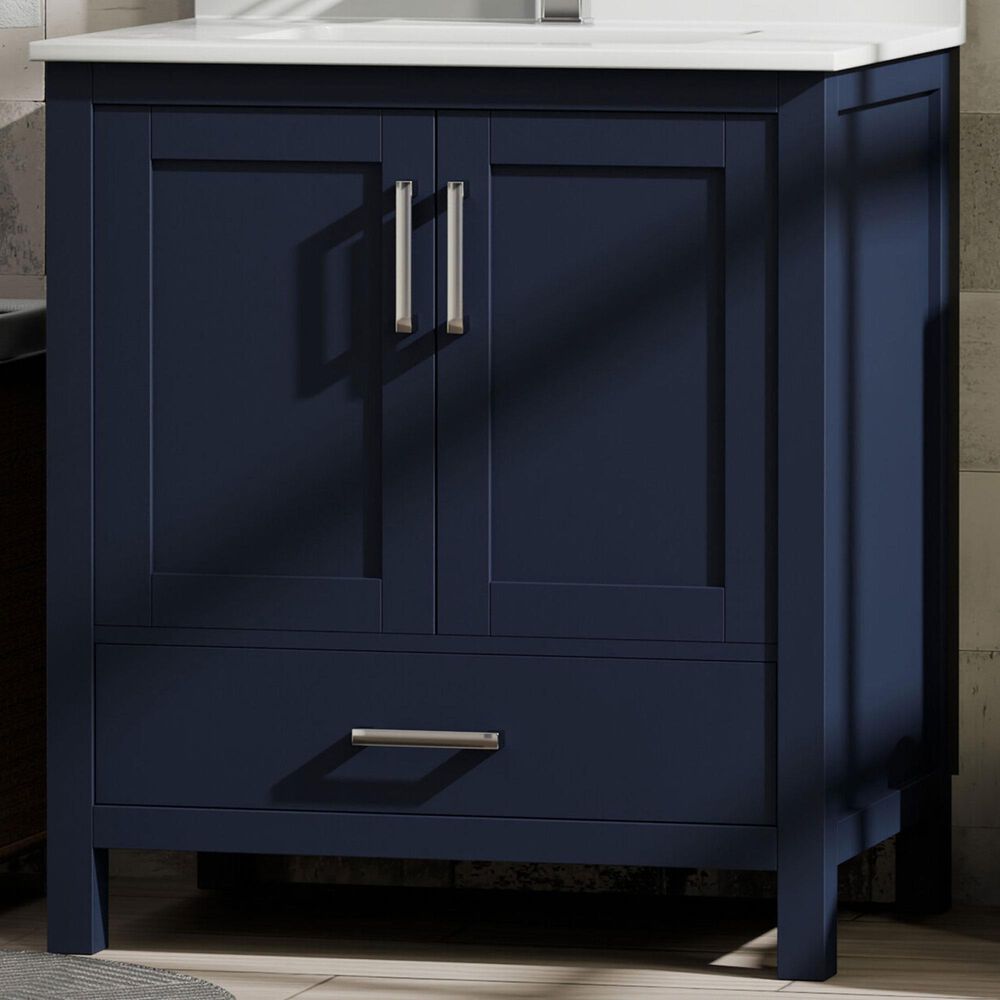 Lexora Home Jacques 30" Single Bathroom Vanity in Navy Blue with 2 cm White Quartz Top and Rectangular Sink, , large
