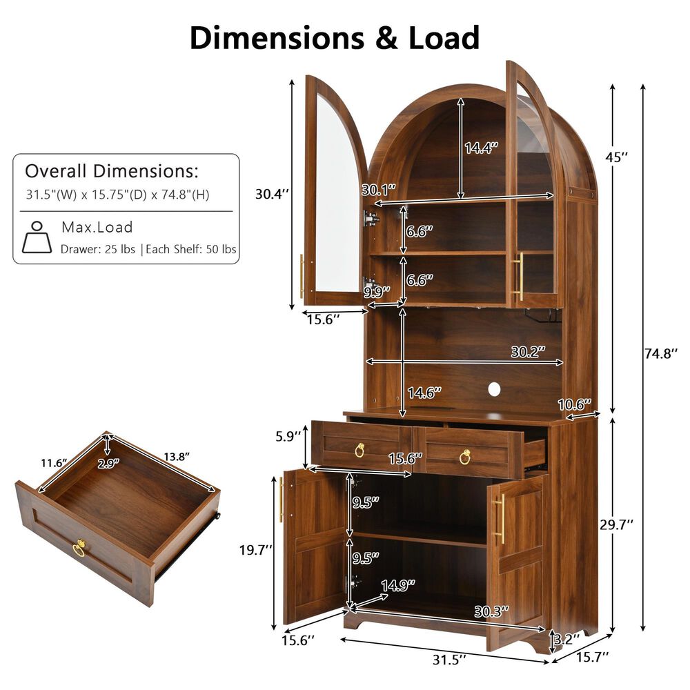 HOMLUX 75" Arched Kitchen Pantry Cabinet with LED Light in Walnut, , large