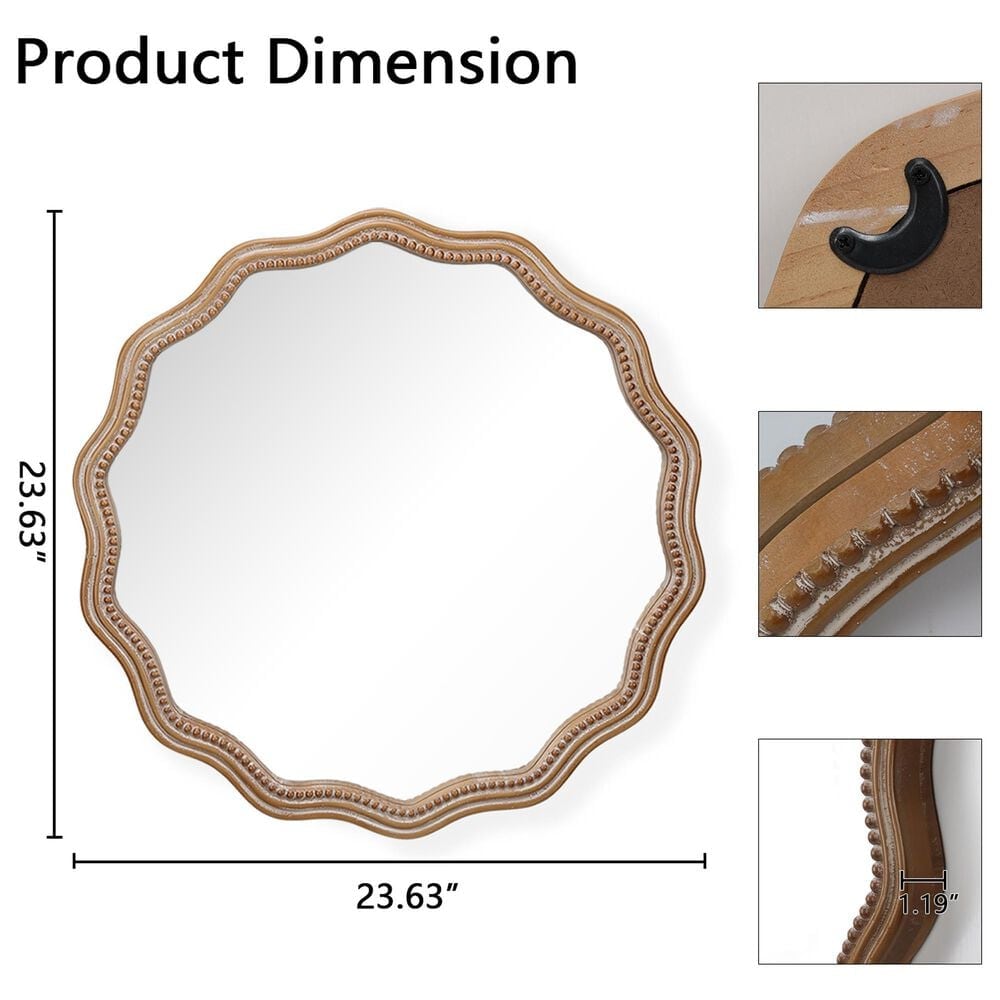 Hearth and Haven 23.62" Round Wall Mirror with Wavy Wood Framed in Antique Natural, , large