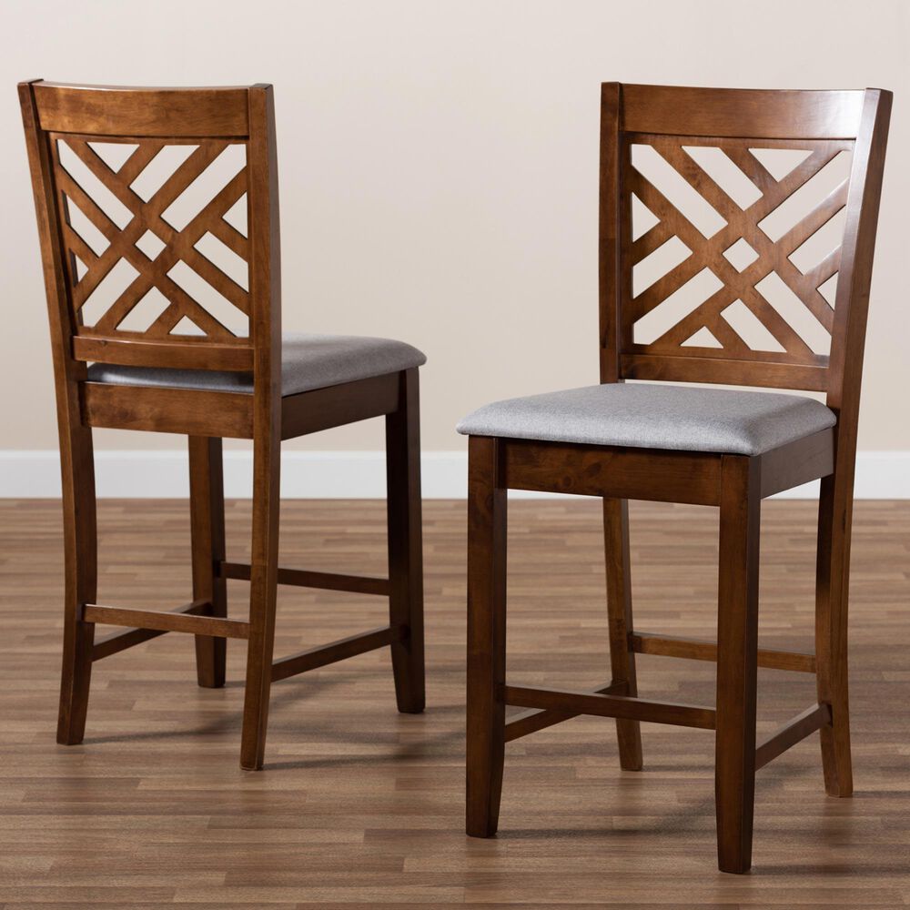 Baxton Studio Caron Counter Height Pub Chair with Grey Cushion in Walnut Brown (Set of 2), , large