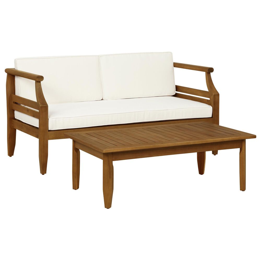 Linon Home Decor Arlen 2-Piece Outdoor Conversation Set with Beige Cushion in Brown, , large